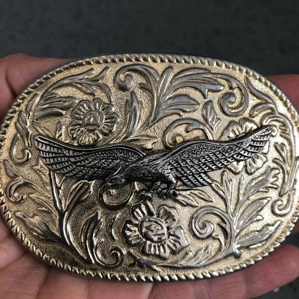 Flying Eagle Filigree Silver Gold Belt Buckle Western Vintage Men's Accessory